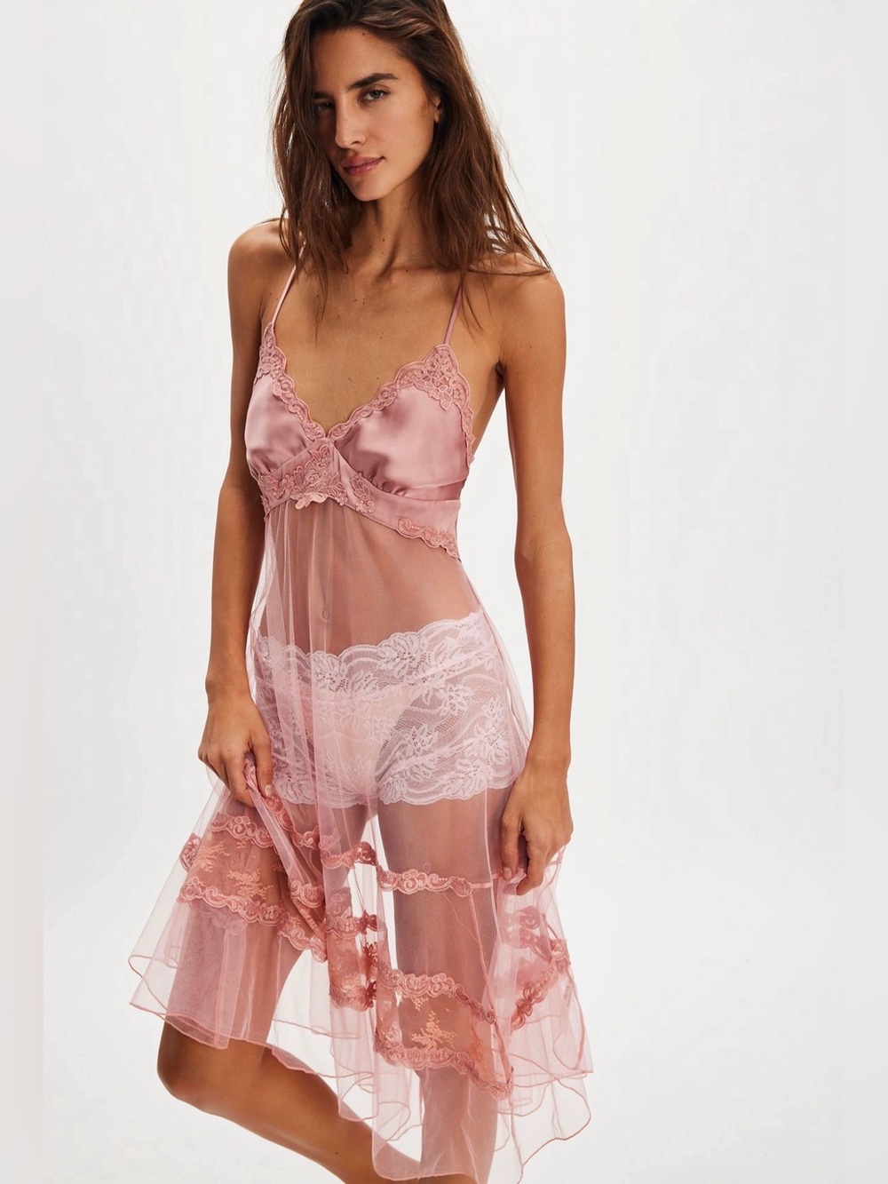 Free People Intimately Play It Cool Lace Mesh Midi Slip Dress Pink S NWT